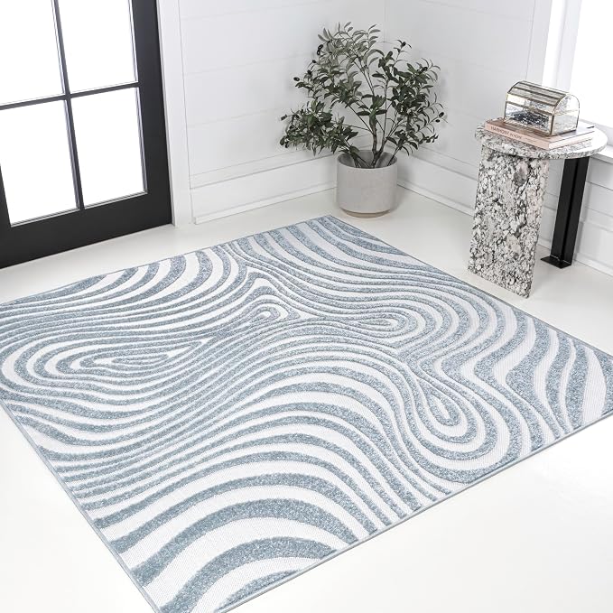 JONATHAN Y Maribo High-Low Abstract Striped Light Blue/Ivory 9x9 Square Indoor/Outdoor Area Rug, Pet Friendly, Non-Shedding, Stain Resistant, Easy-Cleaning for Backyard, Patio (SCN103C-9SQ)
