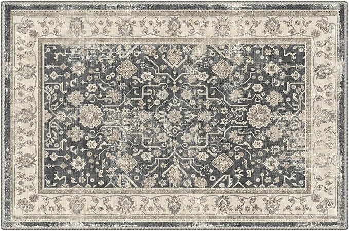 2x3 Doormat, Vintage Floral Washable Non Slip Area Rug for Entrance | Oriental Floral Soft Low Pile Boho Rug for Entryway Bedside Kitchen, Stain Resistant Lightweight Easy Care, Dusty Charcoal