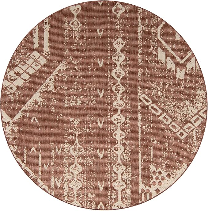 Unique Loom Outdoor Bohemian Collection Area Rug - Anthro (7' 10" Round Rust Red/Ivory)