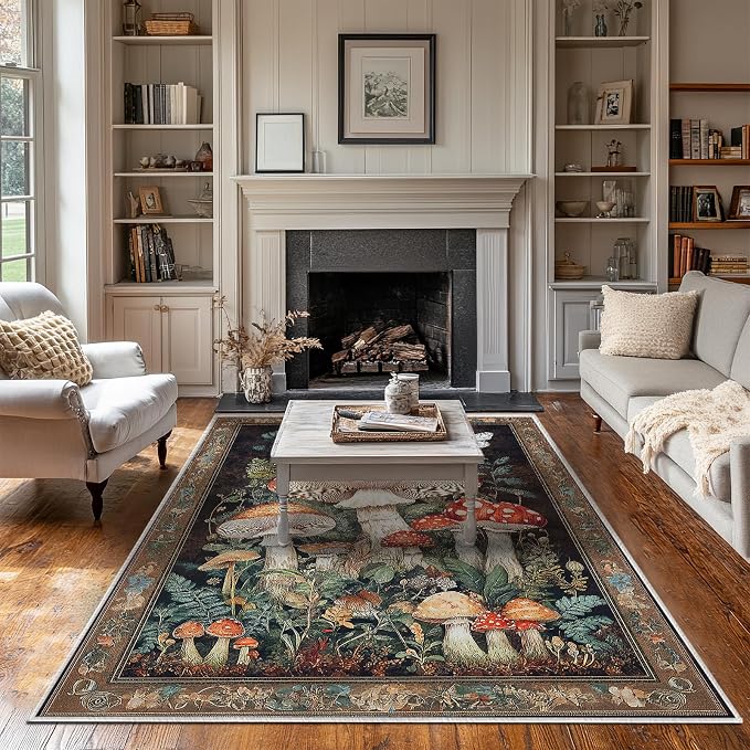Botanical Mushroom Area Rug for Living Room Vintage Butterfly 5x7 Entryway Rug Modern Farmhouse Mushrooms Rugs Non Slip Low Pile Machine Washable Floor Carpet for Indoor Bedroom Dining Room Kitchen