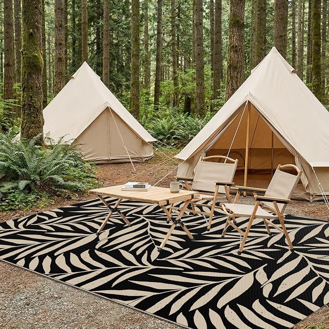 Smiry Outdoor Rug 5x8 ft, Waterproof Reversible Plastic Straw Rugs, Outdoor Area Rug with Leaf Pattern, Outside Floor Mat for Patio, Backyard, Deck, Picnic, Beach, Camping, Black & Beige