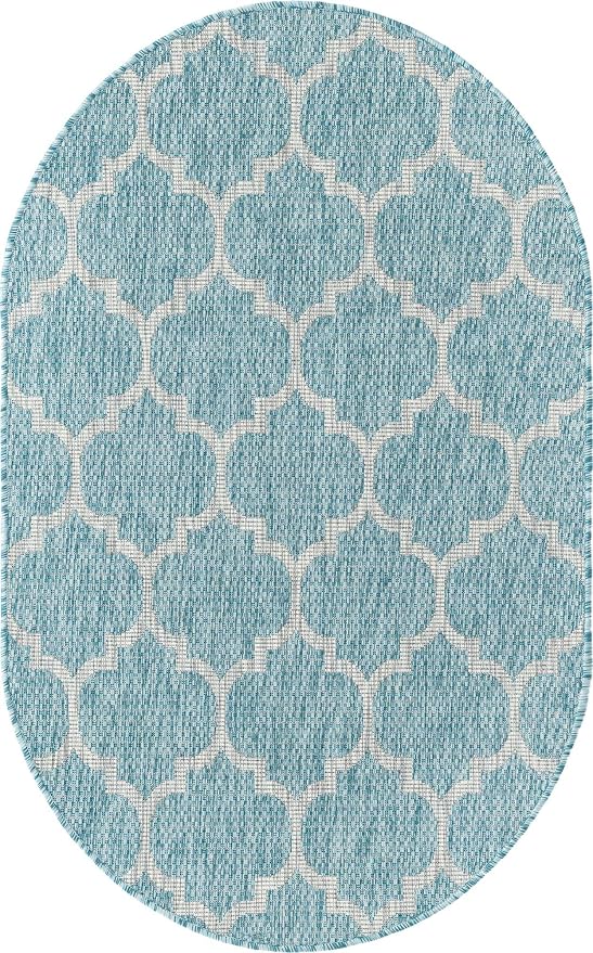 Unique Loom Outdoor Trellis Collection Area Rug - Trellis (Oval 3' 3" x 5' 3", Aquamarine/ Gray)