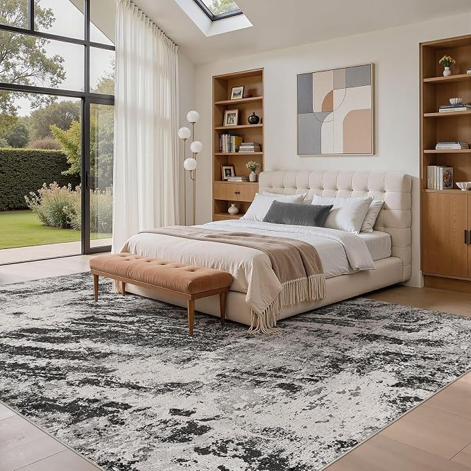DMOYEST 8x11 Area Rug for Living Room Washable Abstract Indoor Carpet | Neutral Modern Low Pile Rugs Kid & Pet Friendly Large Soft Thin Carpet for Bedroom Dining Room and Office - Light Black