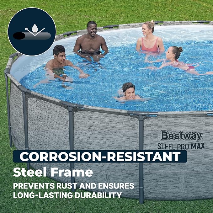 Bestway Steel Pro MAX 18' x 48" Above Ground Swimming Pool Set with Pump | Durable Round Metal Frame Outdoor Backyard Pool, Puncture-Resistant Liner - Ladder and Cover Included, Stacked Stone Print