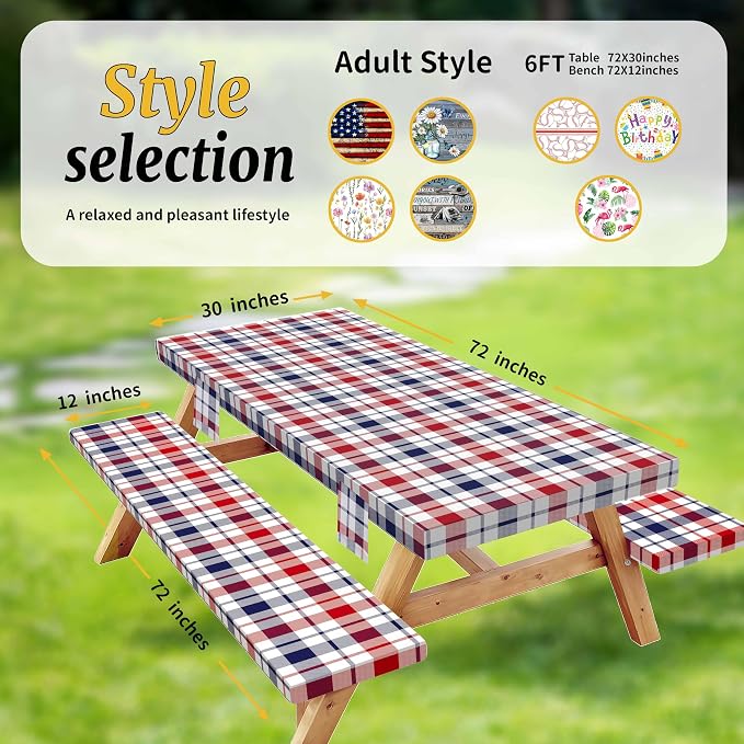 Picnic Table Cover with Bench Covers Elastic,Fitted Table cloths for Rectangle Tables 6 Foot Washable,Waterproof Tablecloth for Outdoor Camping Essentials (Red White Blue Buffalo Plaid, 6 Foot)