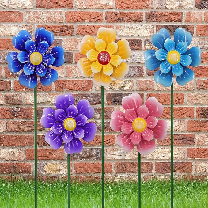 Metal Flower Wind Spinner Lawn Stakes Yard Art, Garden Iron Handicrafts | WEIBEFEE; 5 Pieces;Lawn Ornaments; 27 Inch Windmill Outdoor; Fade-resistant; Great gift choice; Decoration Gift