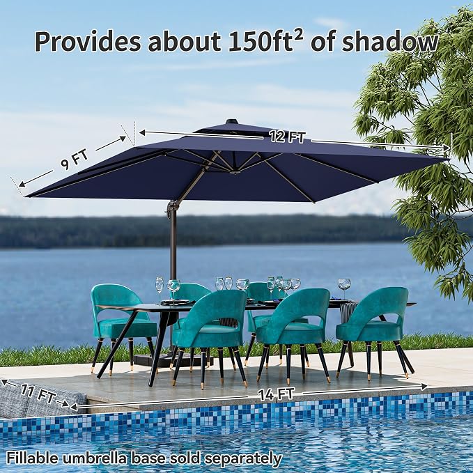 9x12FT Cantilever Patio Umbrella - Heavy Duty Double Layer Offset Design with 360° Rotation, Large Rectangle Sun Shade Umbrella for Garden, Deck, Pool, Backyard, Navy Blue