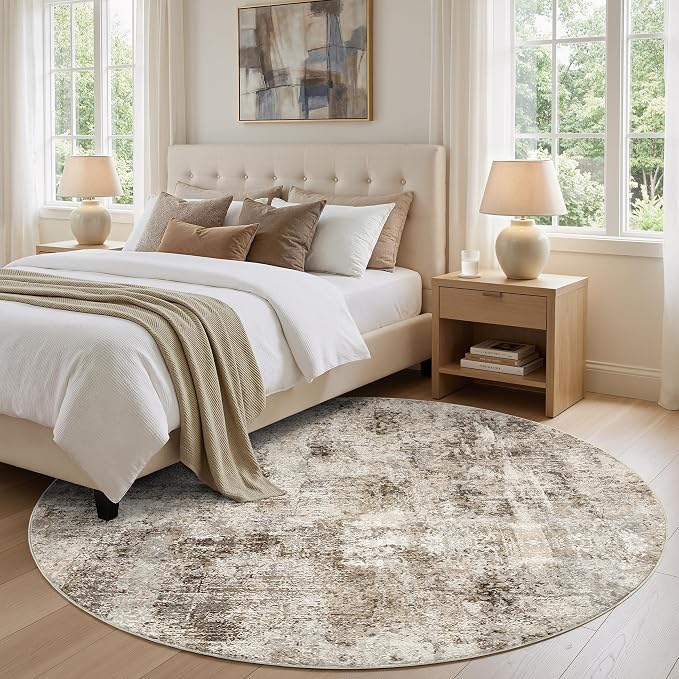 6Ft Round Area Rug Washable Abstract Rugs for Living Room Dark Brown | for Bedroom, Dining Room, Office, Nursery, Soft Neutral, Low Pile Non-Slip, Kid Pet Friendly, Large Indoor Carpet, Home Decor