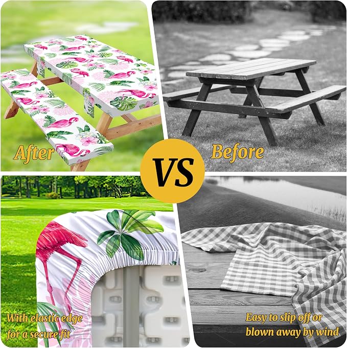 Picnic Table Cover with Bench Covers Elastic,Fitted Table Cloths for Rectangle Tables 6 Foot Washable,Waterproof Tablecloth for Outdoor Camping Essentials Accessories(6 Foot,Flamingo)