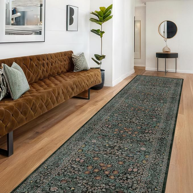 Dark Green 3x10 ft Extra Long Wide Runner Rug for Hallway Non Slip Washable, Large Kitchen Indoor Floor Rugs for Entryway Bathroom Bedroom, Stain Resistant Vintage Floral Carpet