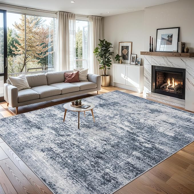 PLHXFR 10x12 Area Rug Living Room: Abstract Washable Carpet Grey Blue | For Bedroom Dining Room Farmhouse Nursery Home,Machine washable,Non Slip,Large Soft Neutral,Stain Resistant, Indoor Floor