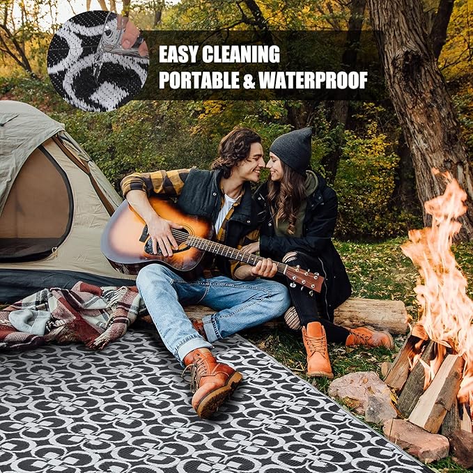 HUGEAR Outdoor Rug, Large Waterproof Outdoor Area Rug, Reversible Portable Outdoor Plastic Straw Carpet for RV Deck Camping Front Door Indoor Outside Porch Picnic (5x8ft Clover Black&White)