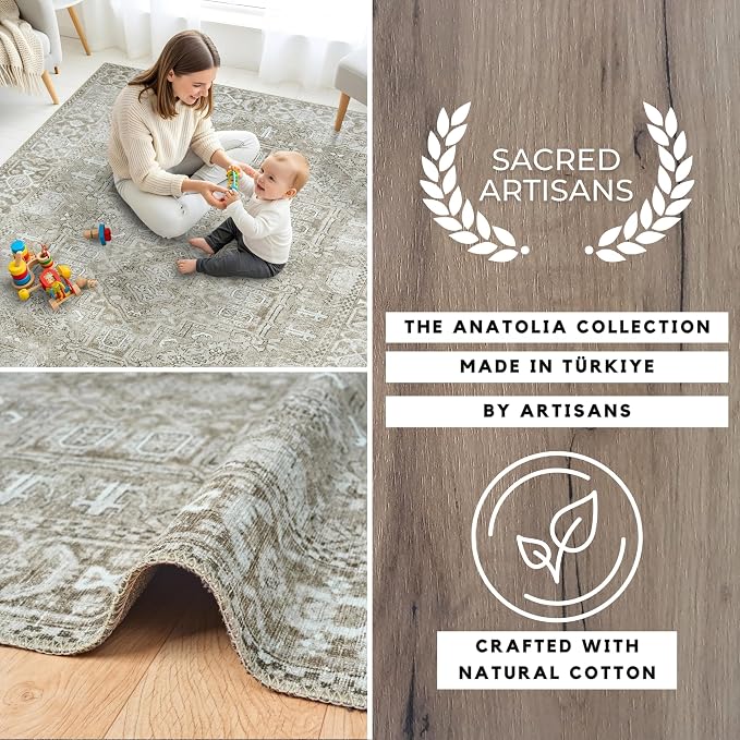 Sacred Artisans Farmhouse 2x3 Rug for Entryway, Kitchen, Bathroom and Indoor Entrance | Washable, Non Slip, Pet Friendly and Low Pile (Stone, 2' x 3')