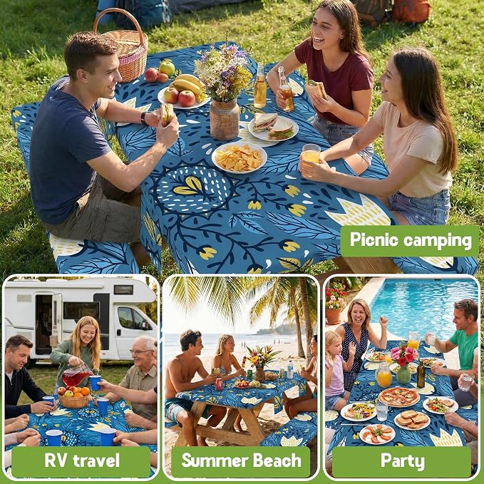 Picnic Table Cover with Bench Covers Waterproof Elastic Rectangle Tablecloth Camping Essentials Supplies Rv Car Travel Gear Must Haves Accessories Fitted Table Cloth Outdoor Road Trip Camper Gifts 8ft