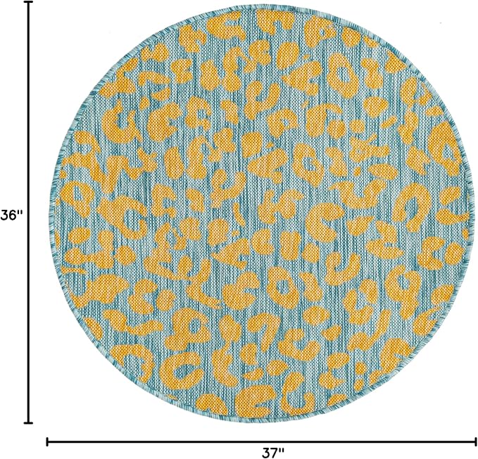 Unique Loom Outdoor Safari Collection Area Rug - Leopard (3' Round, Blue Yellow/ Blue)