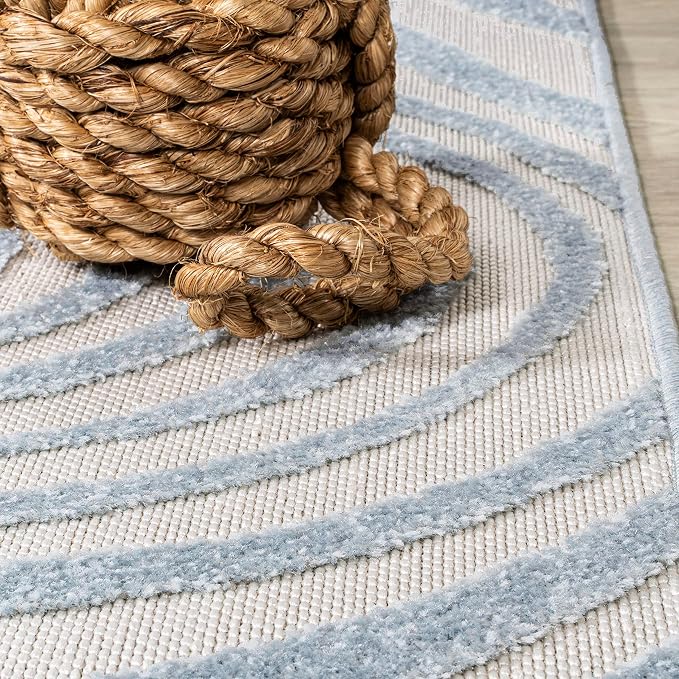 JONATHAN Y Maribo High-Low Abstract Striped Light Blue/Ivory 2x10 Indoor/Outdoor Runner Rug, Pet Friendly, Non-Shedding, Stain Resistant, Easy-Cleaning for Backyard (SCN103C-210)