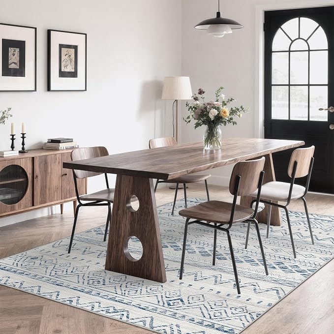 Miukiki 5x7 Washable Area Rug for Living Room, Soft Non Slip Rug Blue | Non-Slip Thin Throw Rug for Bedroom Kitchern Dining Room Office, Low Pile Indoor Floor Carpet with Vintage Pattern 5'x7'