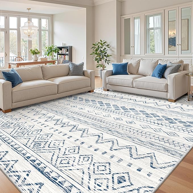 Miukiki 8x10 Area Rug for Living Room, Washable Soft Non Slip Rug Blue | Moroccan Large Indoor Rug for Kitchen Bedroom Dining Room Office, Low Pile Soft Floor Carpet Home Decor 8'x10'
