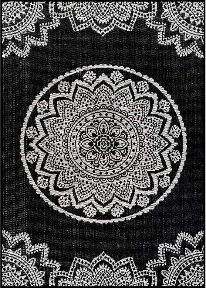 CAMILSON Outdoor Rug 10x14 Modern Large Area Rugs for Indoor and Outdoor Patios and Porches - Washable Non-Shedding Easy-to-Clean Outside Carpet (10 x 14 Medallion - Black/White)