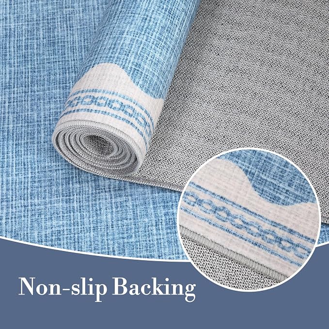 2.5x8 Scalloped Runners Blue Washable Hallways Bedroom Rug | Solid Non Slip Scalloped Bath Runner, Rugs for Bedroom Girls, Rugs for Kitchen Floor Soft Dorm Nursery Carpet for Bedside