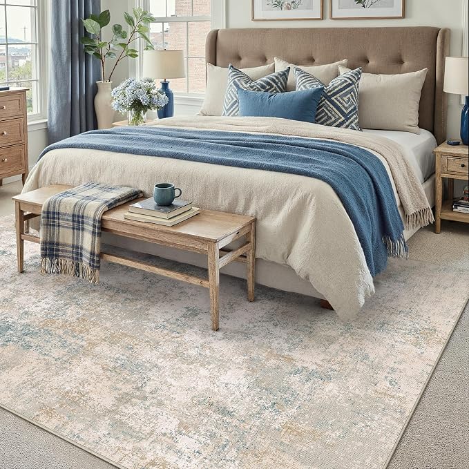 6x9 Beige Blue Modern Abstract Washable Area Rug for Living Room | Low Pile, Non Slip, Modern Abstract Style, Soft Indoor Rug for Living Room, Bedroom, Dining Room, Office, Home Decor
