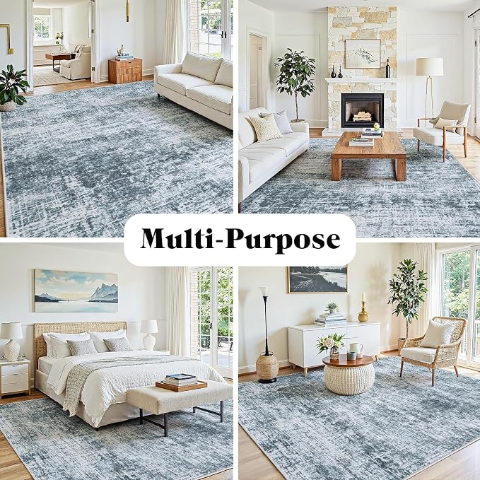 10x12 Area Rug for Living Room Bedroom: Non-Slip Modern Light Slate Blue | Machine Washable TPR Backing, Stain-Resistant Low Pile, Pet & Kid Friendly, Abstract Decor for Dining Room, Dorm, Home Office