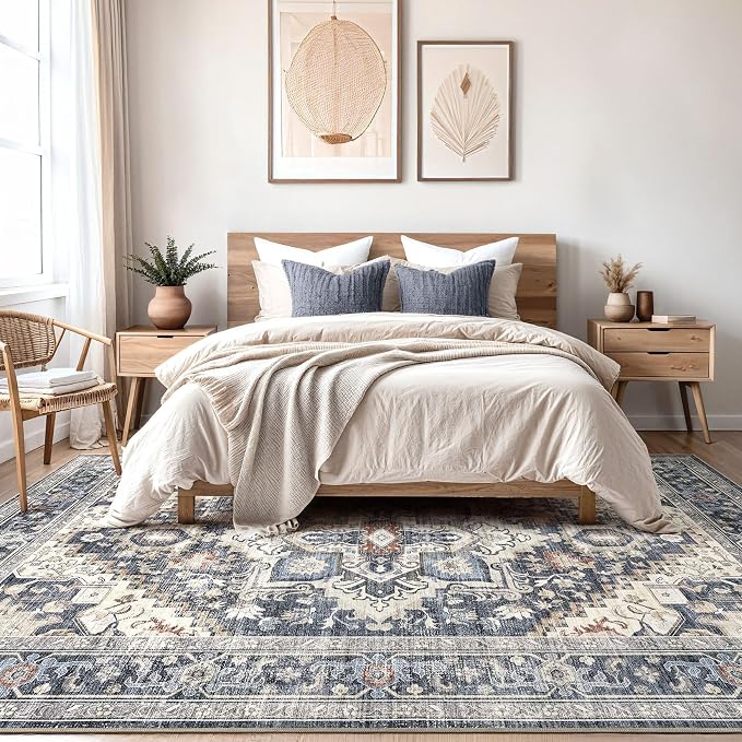 DTICON Vintage Washable 8x10 Area Rug Living Room Rugs, Blue | Boho Distressed, Pet & Kid Friendly, Non-Slip Backing, Soft Polyester, Low-pile Carpet for Living Room, Bedroom, Dining Room
