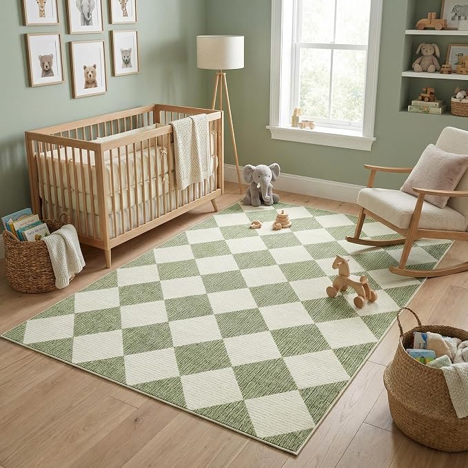 GarveeHome 3x5 Checkered Area Rug Non Slip Washable Entryway Bedroom Rug | Modern Geometric Plaid Sage Green Carpet Classic Throw Mat for Kitchen Bedside Kids Room Office Dining Room