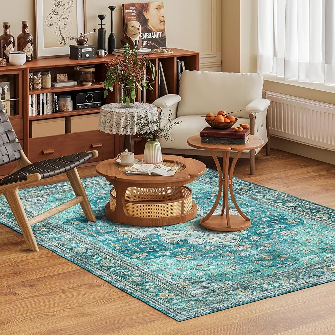 Washable Area Rug 8' x 10' Vintage Traditional Persian Mat - Foldable Distressed Non-Slip Machine Washable Carpet for Living Room Bedroom Kitchen Home Decor - Teal and Gold