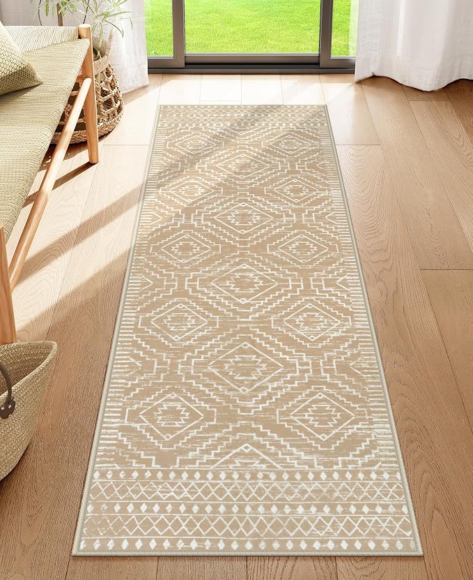 Wonnitar Washable Kitchen Runner Rug 2x6, Moroccan Runners for Hallway, Non Slip Bohemian Soft Bathroom Throw Mat Geometric Carpet Runner for Laundry Entryway Bedroom (Kakhi,2'x6')