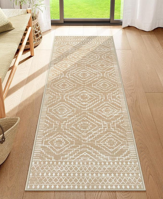 Wonnitar Washable Kitchen Runner Rug 2x6, Moroccan Runners for Hallway, Non Slip Bohemian Soft Bathroom Throw Mat Geometric Carpet Runner for Laundry Entryway Bedroom (Kakhi,2'x6')