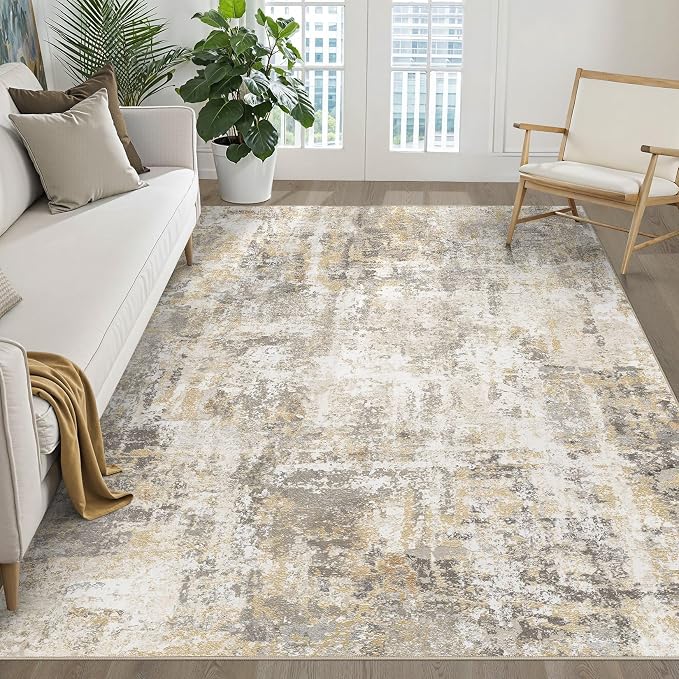 LOONGRUG 6x9 Area Rug Washable Neutral Modern Rug for Living Room Gray Gold | Abstract Soft Stain Resistant Indoor Non-Slip Carpet for Bedroom Nursery Kids Office Playroom Dining Room