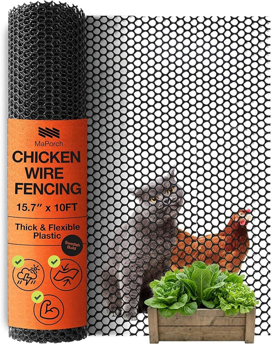 Maporch Plastic Chicken Wire Fencing for Pet Protection - 15.7" x 10ft, Black HDPE Mesh - Garden Fence Animal Barrier for Dogs, Cats and Rabbits (1-Pack) | 15.7" x 10ft - HDPE Home and Garden Netting - UV Resistant - Customizable Balcony Barrier for An...