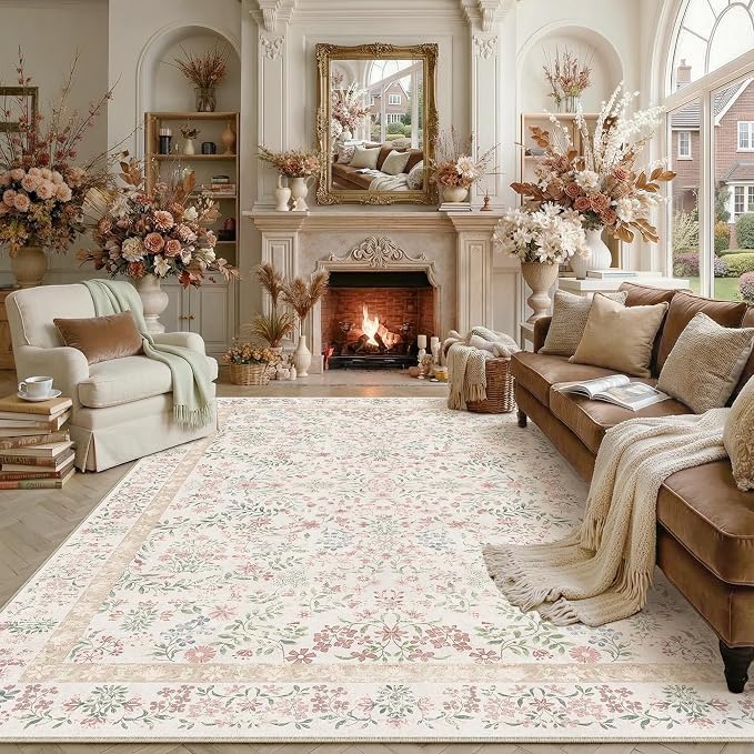 10x14 Pink Floral Area Rug Vintage Farmhouse Style | Washable, Non Slip, Soft Low Pile, Extra Large Carpet for Living Room, Bedroom, Dining Room, Botanical Decor