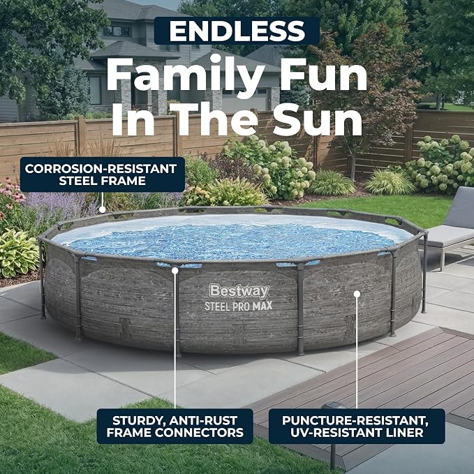 Bestway Steel Pro MAX 12' x 30" Above Ground Swimming Pool Set with Pump | Durable Round Metal Frame Outdoor Backyard Pool, Puncture-Resistant Liner - Filter Pump Included, Stacked Stone Print