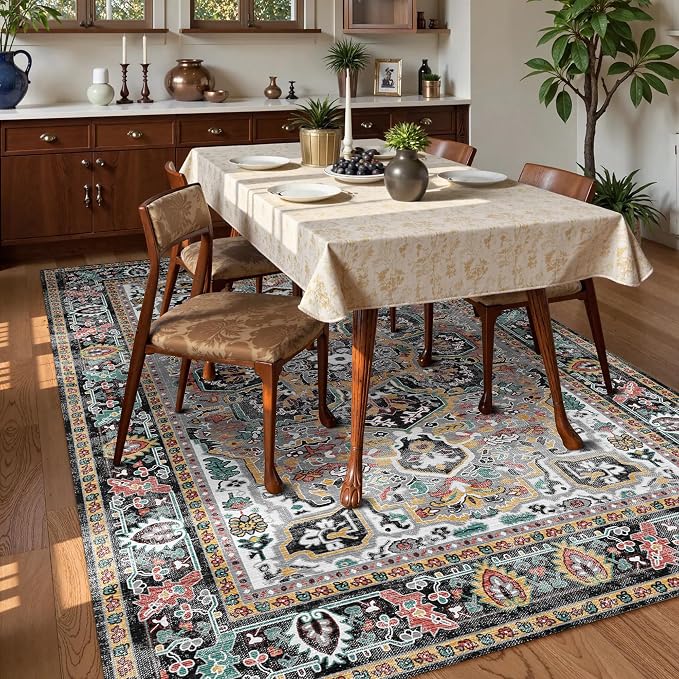 Washable Area Rug 4' x 6' Vintage Traditional Persian Mat - Foldable Distressed Non-Slip Machine Washable Carpet for Living Room Bedroom Kitchen Home Decor - Slate and Multicolor