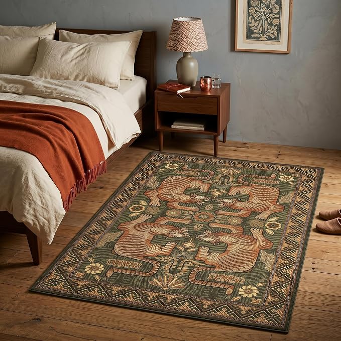 GarveeHome 3x5 Tiger Washable Rug Entryway Boho Bedroom Non Slip Vintage | Green Rug Low Pile Tribal Carpet Stain Resistant Throw Rug for Kitchen Dorm Kidss Room Office Dining Room