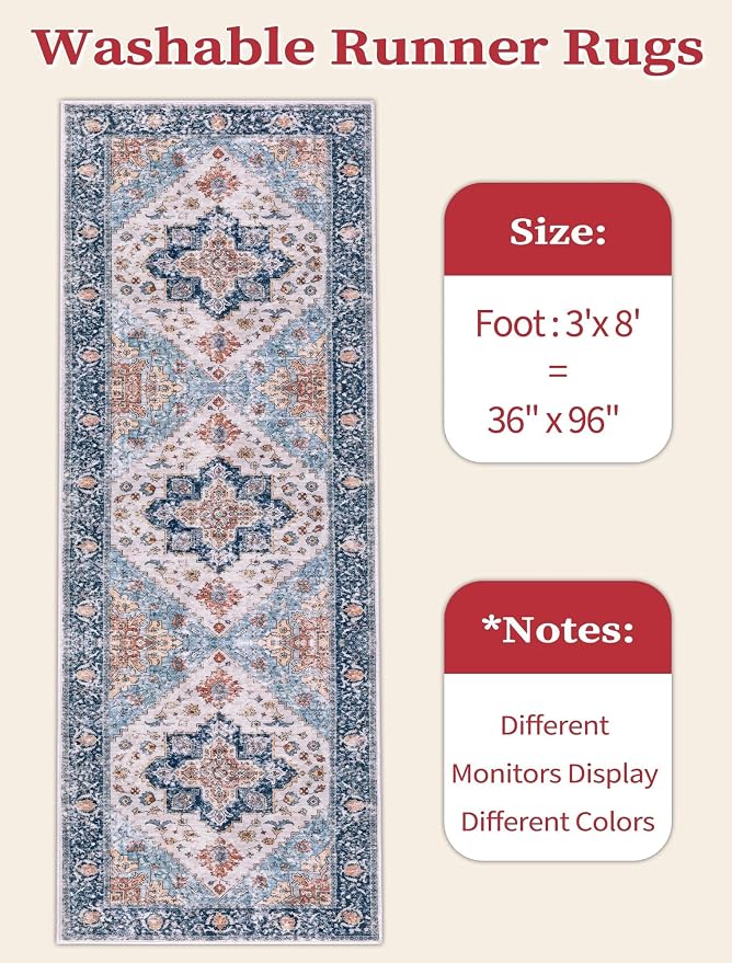 SERISSA 3x8 Washable Non Slip Boho Runner Rug for Hallway，Blue Orange | Ultra Soft Vintage Oriental Carpet Low-Pile Tribal Floor Carpet for Stair Kitchen Bedroom Bathroom Laundry Room