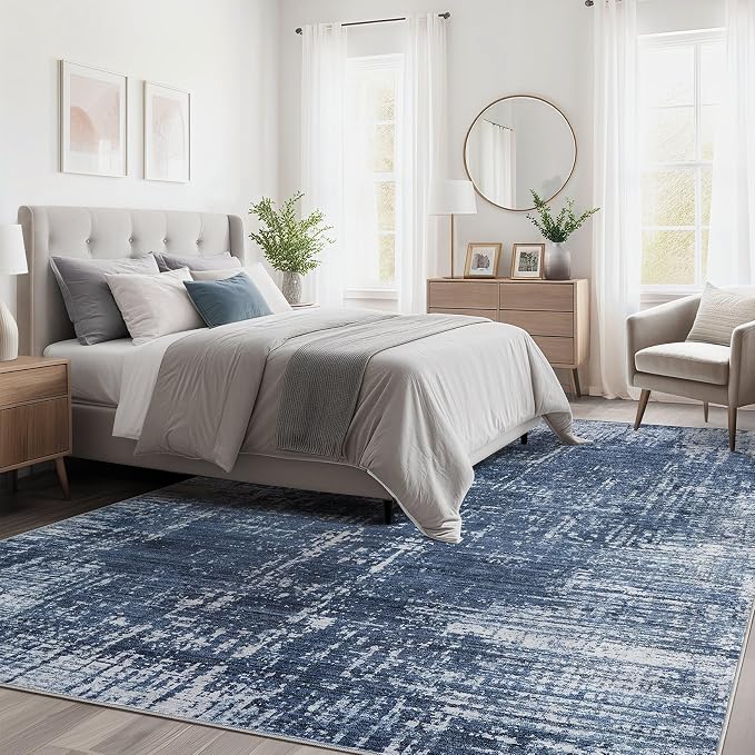 kakania Abstract 9x12 Area Rugs for Living Room: Washable Rugs Dark Blue | Soft, Non-Slip, Low-Pile, Pet & Kid Friendly - Large Modern Home Decor Carpet for Bedroom/Dining Room/Office/Nursery