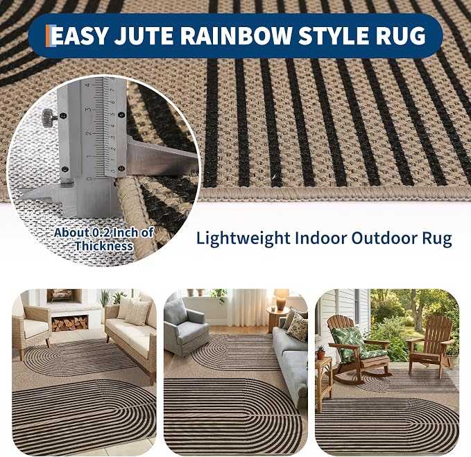 GarveeHome Modern Rainbow 8x10 Easy Jute Area Rug for Living Room -Farmhouse Indoor/Outdoor Carpet, Non-Slip & Non Shedding for Bedroom, Dining Room, Office, Backyard Patio