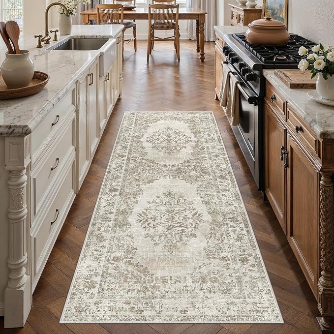 2x6 Washable Runner Rug Kitchen Cream Beige Vintage Long Carpet | Soft Low Pile, Non Slip, Stain Resistant, Floral Medallion, Neutral Retro Decor for Bathroom, Laundry Room, Hallway, Entryway