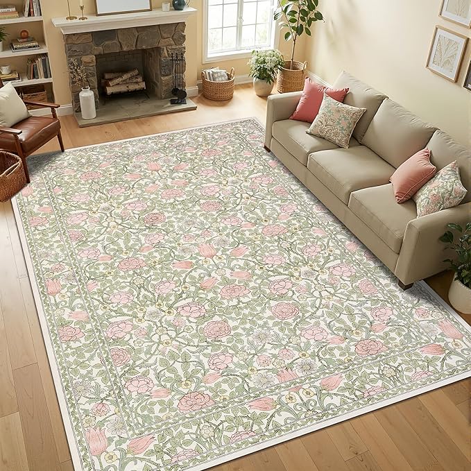 GarveeHome Pink Green Beige Floral Washable Rug 5x7 for Bedroom Living Room | Girls Dorm Nursery Office Rug Vintage Boho Rugs Low-Pile Non-Slip Stain Resistant TPE Backing