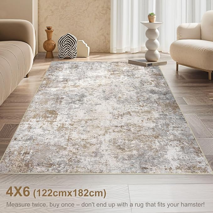 UERMEI 4x6 Area Rug Living Room Rugs Washable Neutral Brown Grey Carpet | Modern Abstract Non-Slip Soft Low Pile Floor Rugs for Bedroom Dining Room Home Office Indoor Decor