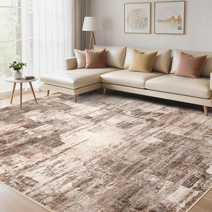 kakania Abstract 12x14 Area Rugs for Living Room: Washable Rugs Brown | Soft, Non-Slip, Low-Pile, Pet & Kid Friendly - Large Modern Home Decor Carpet for Bedroom/Dining Room/Office/Nursery