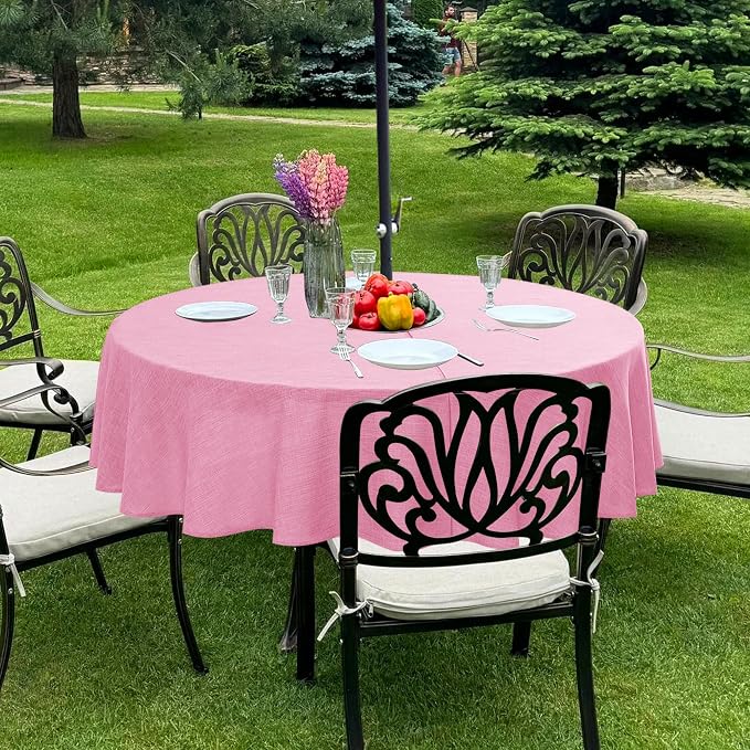 Outdoor Tablecloth with Umbrella Hole - Patio Table Cloth Zippered Round 60 Inch, Pink Linen-Look Polyester Table Cover Water Resistant for Picnic Outside