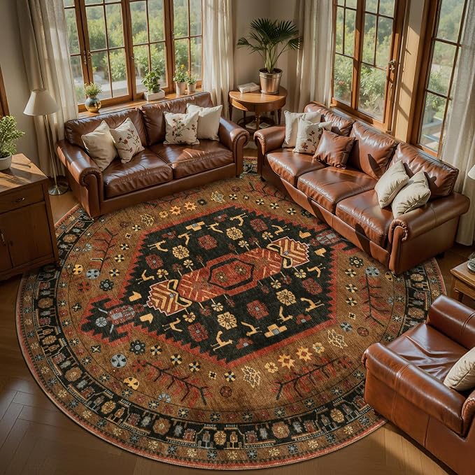 Ciicool 8ft Round Area Rugs for Living Room,Soft Circle Carpet for Bedroom | Large Oriental Low-Pile Vintage Non-Slip Indoor Mat for Kitchen Entryway Bedside Laundry Bathroom Dining Room Foyer Decor