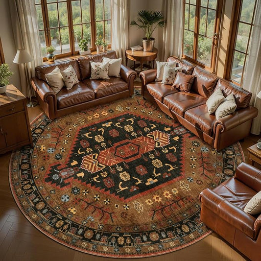 Ciicool 8ft Round Area Rugs for Living Room,Soft Circle Carpet for Bedroom | Large Oriental Low-Pile Vintage Non-Slip Indoor Mat for Kitchen Entryway Bedside Laundry Bathroom Dining Room Foyer Decor