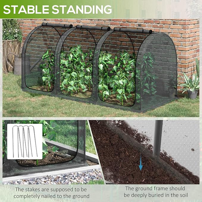 Outsunny 9' x 4' Crop Cage, Plant Protection Tent with Three Zippered Doors, Steel Frame, Storage Bag and 4 Ground Stakes, for Garden, Yard, Lawn, Black