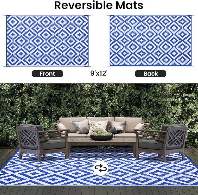 Smiry Waterproof Outdoor Rug 9x12 ft, Reversible Plastic Straw Patio Camping Rugs, Outdoor Indoor RV Mat Carpet for Patio, Outside Entry, Backyard, Deck, Bench, Picnic, Camper, White & Blue