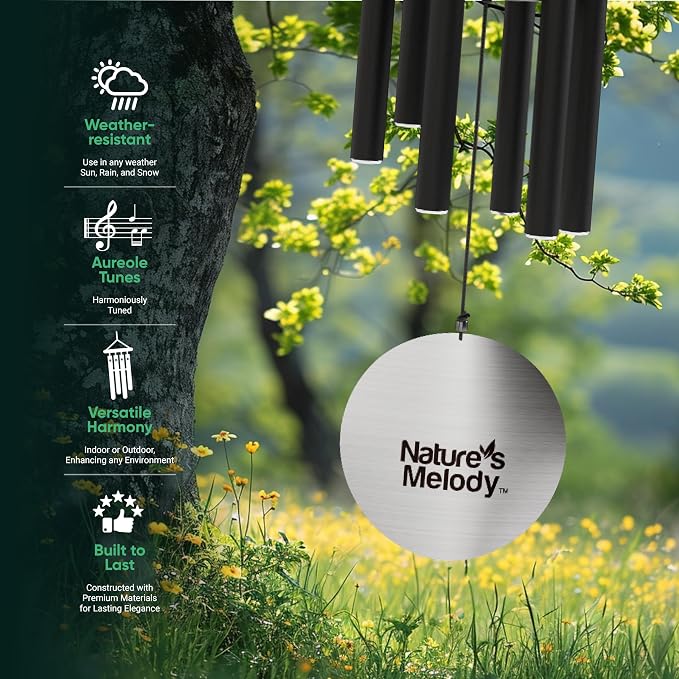 Nature’s Melody Aureole Tunes Wind Chimes – Outdoor Windchime with 6 Tubes Tuned to C Pentatonic Scale, 100% Rustproof Aluminum, Powder Finish & S Hook Hanger for Sympathy, Memorial Gift or Zen Garden